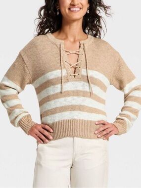Oatmeal Striped Lace Up Crewneck Pullover Sweater - Universal Thread -NWT